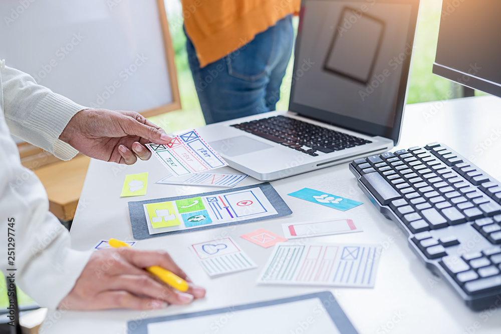 Sticker creative web designer planning application and developing template layout, framework for mobile phon