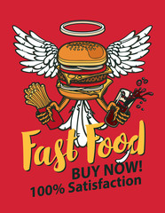 Vector banner for fast food with Burger, French fries and cola in retro style. Pop art illustration of a Burger with wings and paws on a red background. Fast food, healthy and unhealthy food