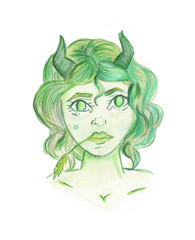 Zodiac beautiful girl. Taurus sign. Watercolor and pencil on paper. Hand drawn sketch.