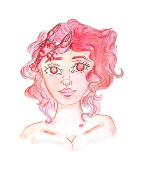 Zodiac beautiful girl. Cancer sign. Watercolor and pencil on paper. Hand drawn sketch