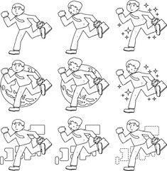 Illustration of a running businessman outline set