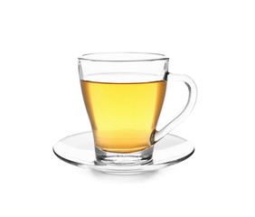 Cup of tasty hot tea on white background