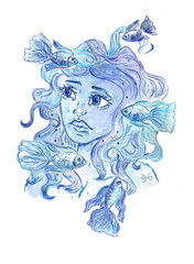Fish zodiac sign. Beautiful girl. Watercolor illustration.