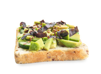 Tasty sandwich with avocado and cucumber on white background