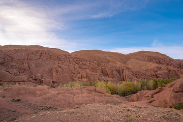 River area at M’Goun Valley – the Valley of the roses, where blossoms are harvested to make Rose Oil and other cosmetic products. Todra gorge and high atlas mountain. 