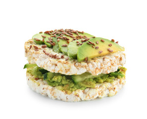 Tasty sandwich with avocado on white background