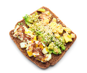 Tasty sandwich with avocado and egg on white background