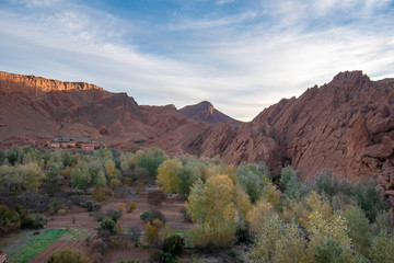 River area at M’Goun Valley – the Valley of the roses, where blossoms are harvested to make Rose Oil and other cosmetic products. Todra gorge and high atlas mountain. 