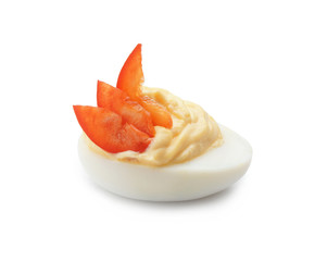 Tasty deviled egg on white background