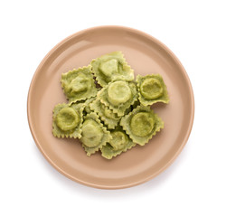 Plate with tasty ravioli on white background