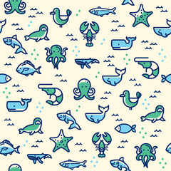sea life seamless pattern illustration for banner, web page, print media, advertisement.Contains such Icons as fish, starfish, seal, whale, shark, seagull, octopus, lobster and more. 