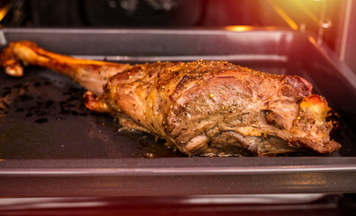 Roast leg of lamb in spices and honey with mustard. Cooking Food