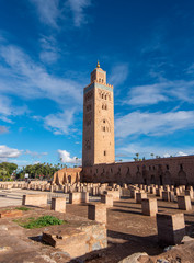 View to The Koutoubia Mosque or Kutubiyya Mosque and minaret located at medina quarter of Marrakech , Morocco. The largest in Marrakesh