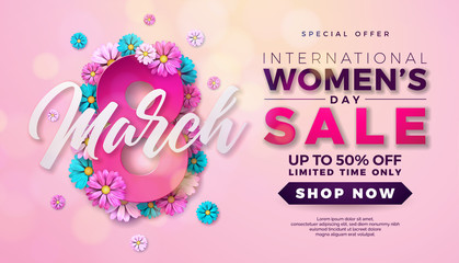Naklejka premium Womens Day Sale Design with Beautiful Colorful Flower on Pink Background. Vector Floral Illustration Template for Coupon, Banner, Voucher or Promotional Poster.