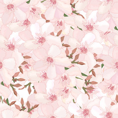 Spring floral seamless pattern with delicate flowers and buds of pink oleander on white background. Tropical endless texture. Summer print. Textile design. Blooming Nerium garden. illustration