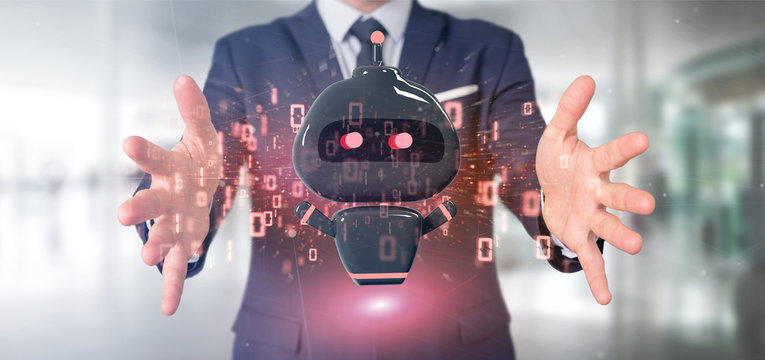 Businessman holding Virus chatbot with binary code 3d rendering