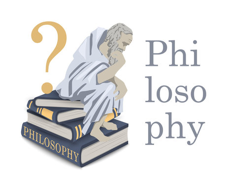 Philosophy icon. Illustration with a thinker man on a stack of books. Antique sage philosopher. Emblem, flat illustration.