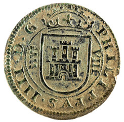 Ancient Spanish copper coin of King Felipe IV. 1664. Coined in Segovia. 8 Maravedis. Obverse.