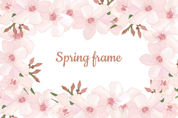 Elegant floral horizontal frame with delicate pink blooming flowers, buds. Design template for invitation, celebration, wedding or greeting cards with tropical exotic oleander. 