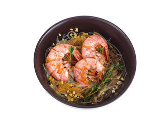 Glass noodles with sauce and shrimps, asian cuisine.