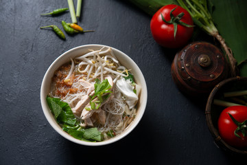 Rice noodles soup and chicken