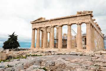 Athens, Greece - February 23, 2019: Eastern facade of the Parthenon temple on the Acropolis of Athens, Greece.
