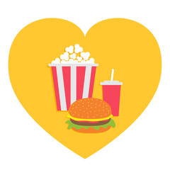 Popcorn. Burger. Soda drink glass with straw. Heart shape. I love Movie Cinema icon set. Fast food menu. Flat design. White background. Isolated.