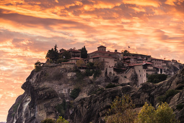 Sunset over Varlaam monastery in Meteora, Greece