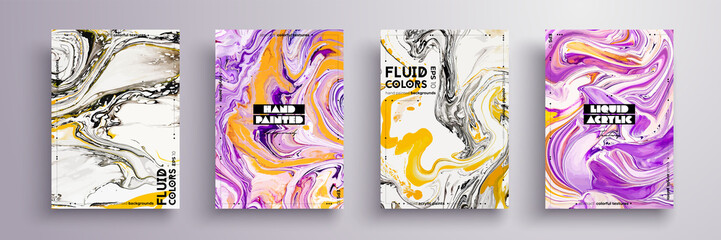 Abstract painting, can be used as a trendy background for wallpaper, poster, invitation, cover and presentation. Fluid art. Liquid marble texture with mixed of acrylic yellow, black, purple paints
