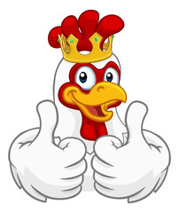 A chicken rooster cockerel bird cartoon character in a kings gold crown giving a thumbs up