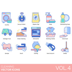 Cleaning icons including laundry, vacuum robot, slippery sign, dishwashing soap, garbage truck, shoes, dishwasher, washing clothes, hand dryer, sponge, brush, dusting, sweep.