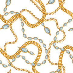 Seamless pattern with golden chains and gem stones.