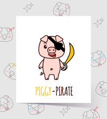 Cute Kawaii piggy-pirate. Can be used for print on t-shirt. Symbol of Chinese New Year. Pink angry pig with saber in a cartoon style. Vector illustration