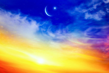 Obraz na płótnie Canvas Paradise heaven . Red sunset and moon . Ramadan background . Half moon and star . Beautiful star . Sunset and new moon . Beautiful sky