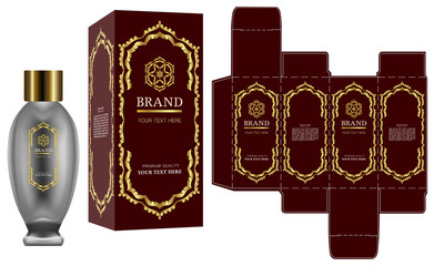 Packaging design, Label on cosmetic container with gold luxury box template and mockup box. illustration vector.	