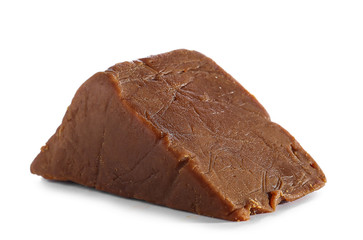 Piece of tasty cheese on white background