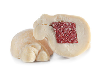 Tasty cheese with sausage on white background