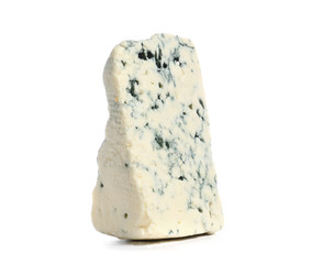 Piece of tasty cheese on white background