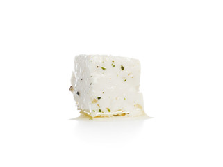 Piece of tasty cheese on white background