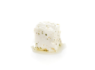 Piece of tasty cheese on white background