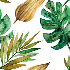 Seamless pattern with green tropical palm and monstera leaves. Exotic and jungle trendy style. Hand drawn watercolor illustration. Exotic hawaiian summer design for print, printing on paper or fabric