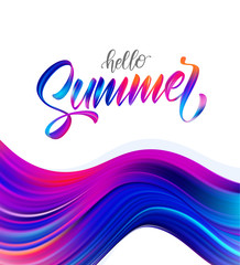 Vector illustration: Abstract colorful flow background with brush paint calligraphic lettring of Hello Summer.