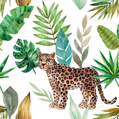 Seamless pattern with leopard and tropical leaves. Trendy style. Exotic and jungle animal. Hand drawn watercolor illustration. Summer design for print, printing on paper or fabric, web design, blog