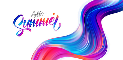 Vector illustration: Abstract colorful flow banner with brush paint calligraphic lettring of Hello Summer.