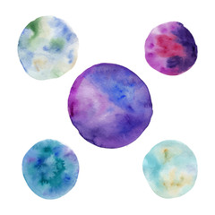Obraz na płótnie Canvas Set of abstract watercolor circles, blue and purple watercolor spots isolated on white background, vector 