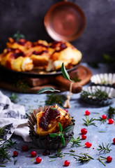 Pumpkin, Brie, and Caramelized Onion Rolls with Cranberry Glaze.style rustic