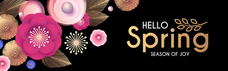 Flower Paper Cut Elegant Design Template with Realistic Shadows. Pink, Black and Gold.