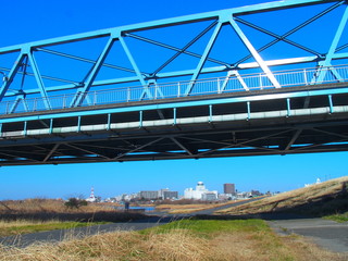 葛飾橋と早春の江戸川河川敷風景