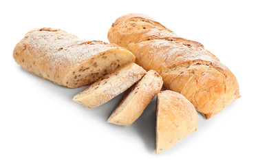 Delicious fresh bread on white background