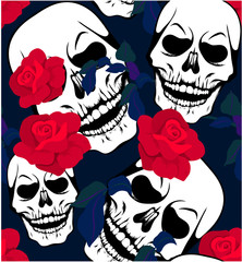 Seamless pattern with white skulls and red rose flowers. T-shirt print, design for youth, teenagers.